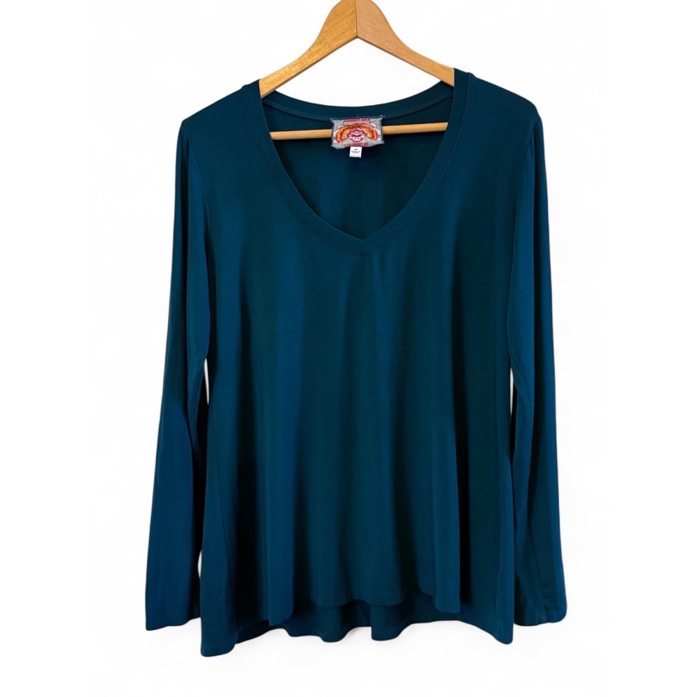 Johnny Was Wmns Green LS Soft V-Neck Casual Flowy Stretchy Bamboo Top/Shirt M